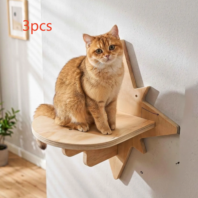 Wooden Cat Wall Shelf with Hammock and Ladder