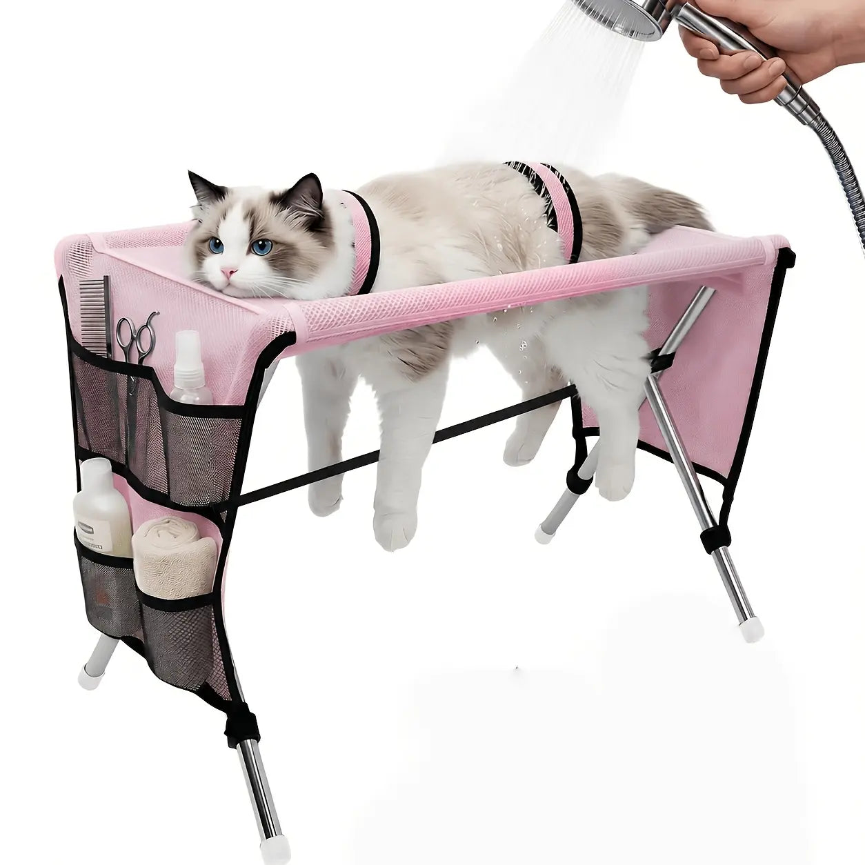 Pet Grooming Hammock with Stand, Includes Towel Strap, Suitable for Small to Medium-Sized Pets Weighing and Senior Dogs and Cats. It Is Foldable, Stable, Ideal for Grooming, Bathing, and Nail Trimming for Dogs and Cats, without Battery
