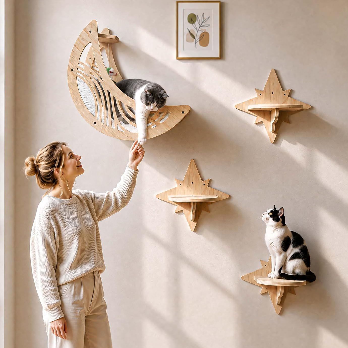 Wooden Cat Wall Shelf with Hammock and Ladder