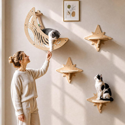 Wooden Cat Wall Shelf with Hammock and Ladder
