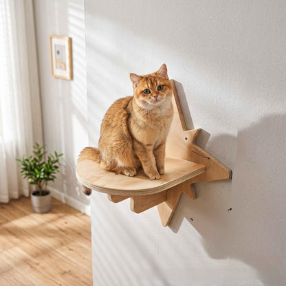 Wooden Cat Wall Shelf with Hammock and Ladder