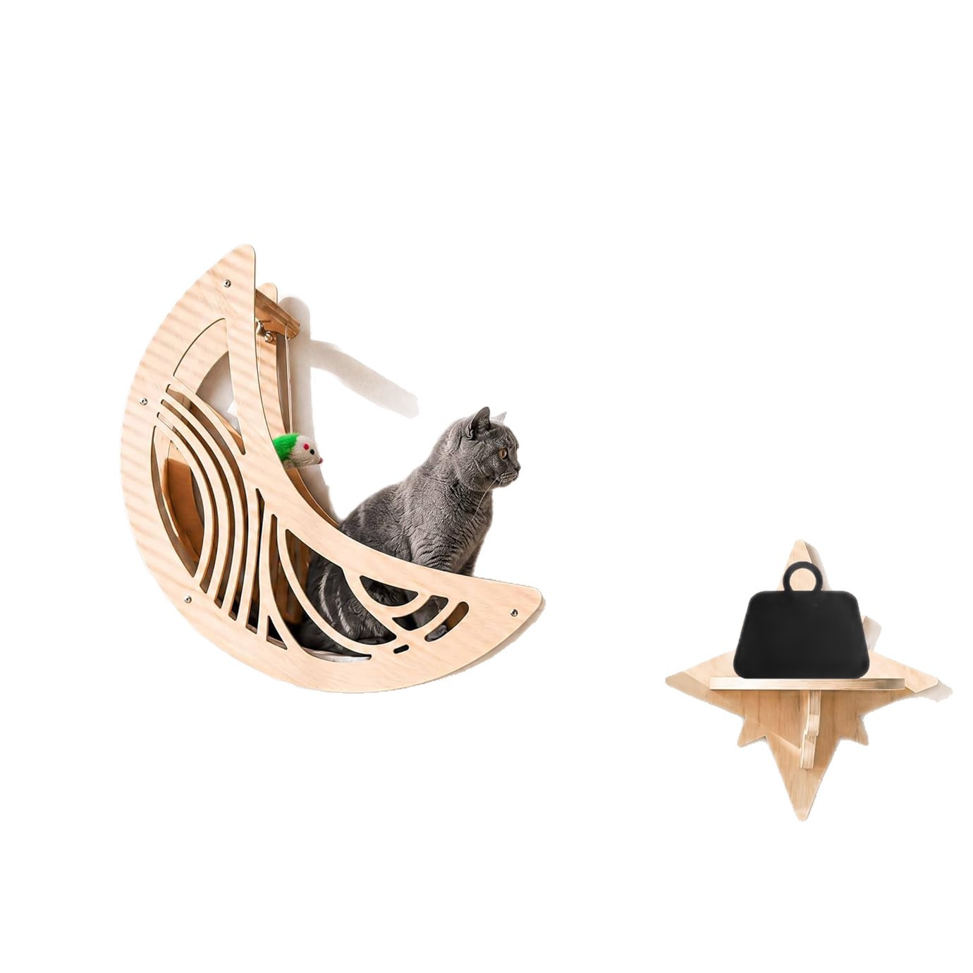 Wooden Cat Wall Shelf with Hammock and Ladder
