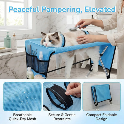 Pet Grooming Hammock with Stand, Includes Towel Strap, Suitable for Small to Medium-Sized Pets Weighing and Senior Dogs and Cats. It Is Foldable, Stable, Ideal for Grooming, Bathing, and Nail Trimming for Dogs and Cats, without Battery