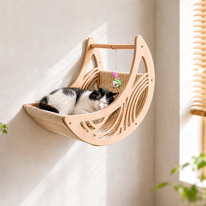 Wooden Cat Wall Shelf with Hammock and Ladder