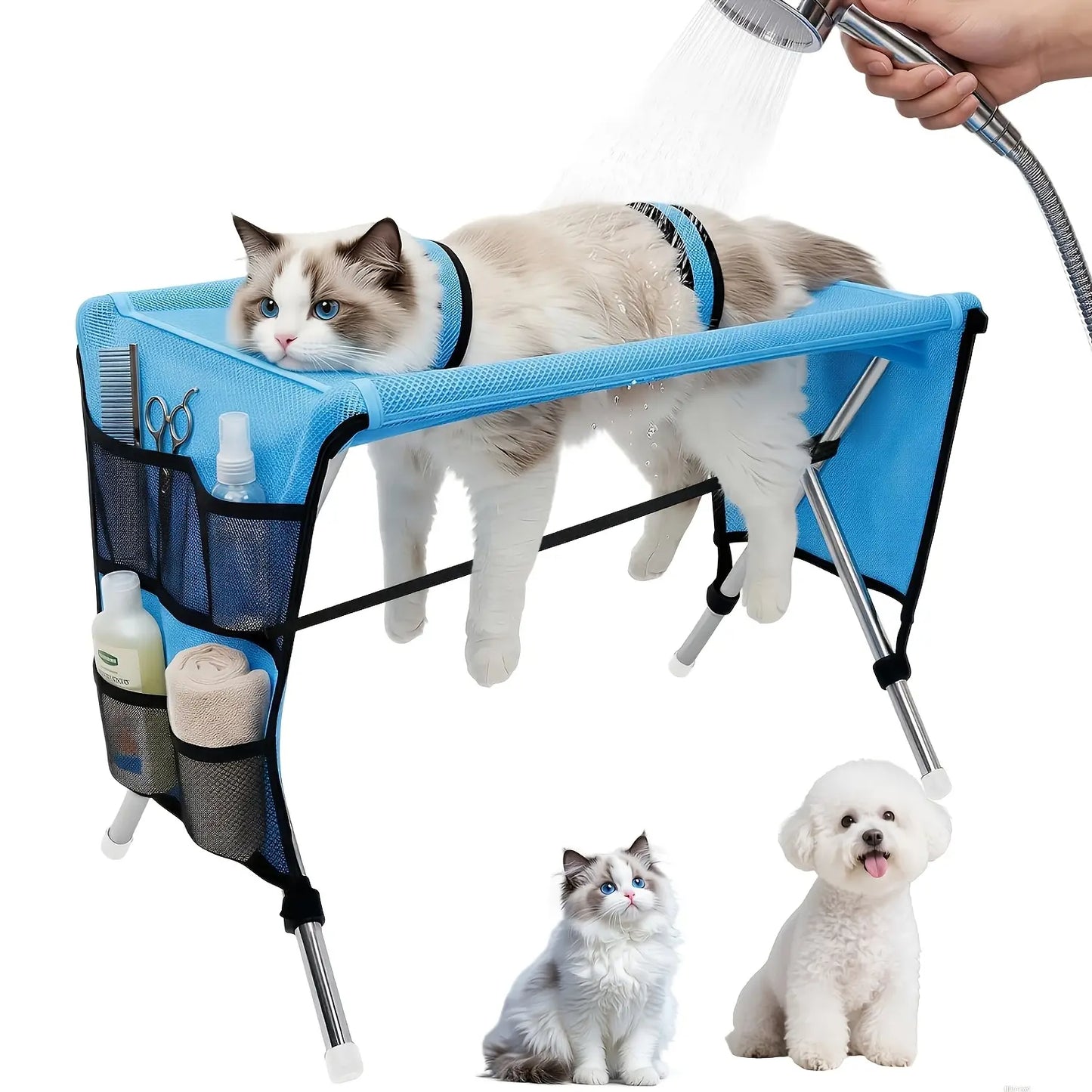 Pet Grooming Hammock with Stand, Includes Towel Strap, Suitable for Small to Medium-Sized Pets Weighing and Senior Dogs and Cats. It Is Foldable, Stable, Ideal for Grooming, Bathing, and Nail Trimming for Dogs and Cats, without Battery