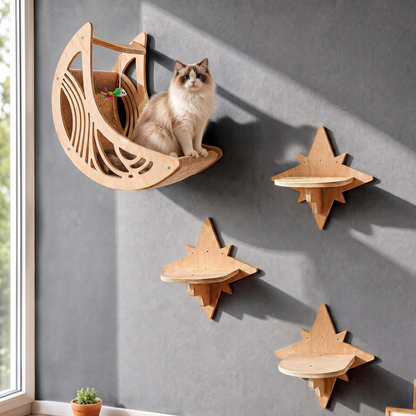 Wooden Cat Wall Shelf with Hammock and Ladder