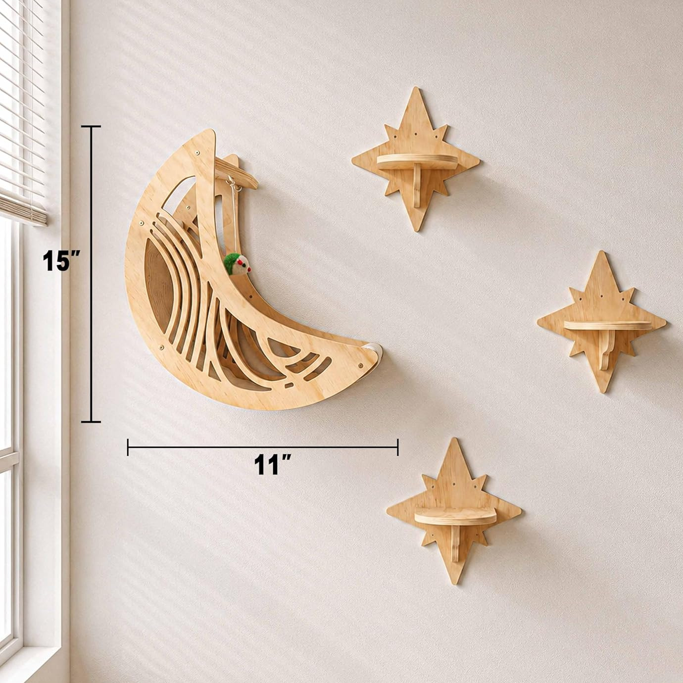 Wooden Cat Wall Shelf with Hammock and Ladder