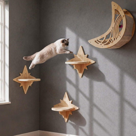 Wooden Cat Wall Shelf with Hammock and Ladder