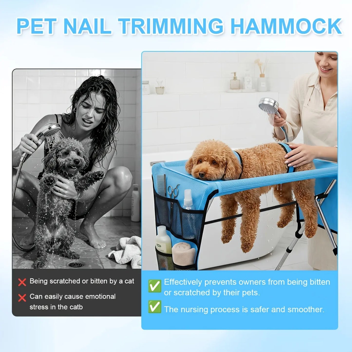 Pet Grooming Hammock with Stand, Includes Towel Strap, Suitable for Small to Medium-Sized Pets Weighing and Senior Dogs and Cats. It Is Foldable, Stable, Ideal for Grooming, Bathing, and Nail Trimming for Dogs and Cats, without Battery