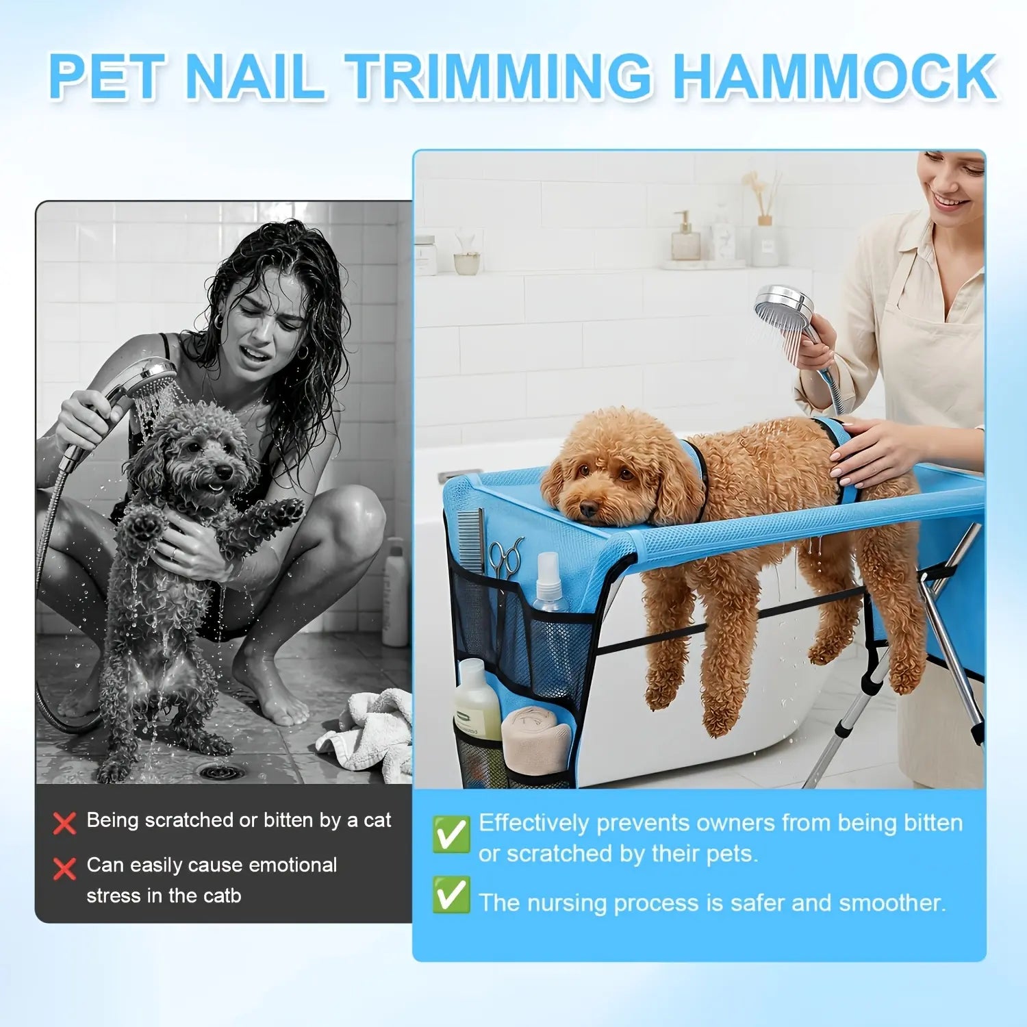 Pet Grooming Hammock with Stand, Includes Towel Strap, Suitable for Small to Medium-Sized Pets Weighing and Senior Dogs and Cats. It Is Foldable, Stable, Ideal for Grooming, Bathing, and Nail Trimming for Dogs and Cats, without Battery