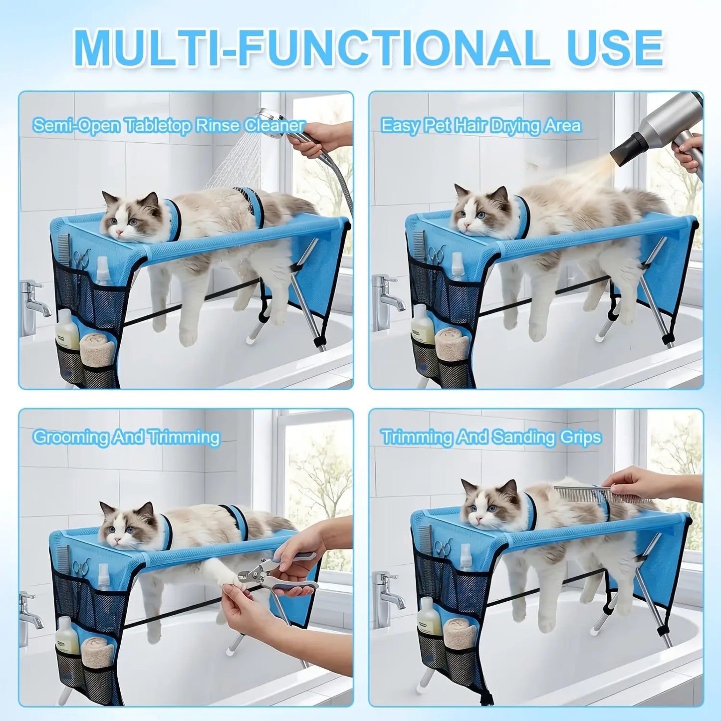 Pet Grooming Hammock with Stand, Includes Towel Strap, Suitable for Small to Medium-Sized Pets Weighing and Senior Dogs and Cats. It Is Foldable, Stable, Ideal for Grooming, Bathing, and Nail Trimming for Dogs and Cats, without Battery